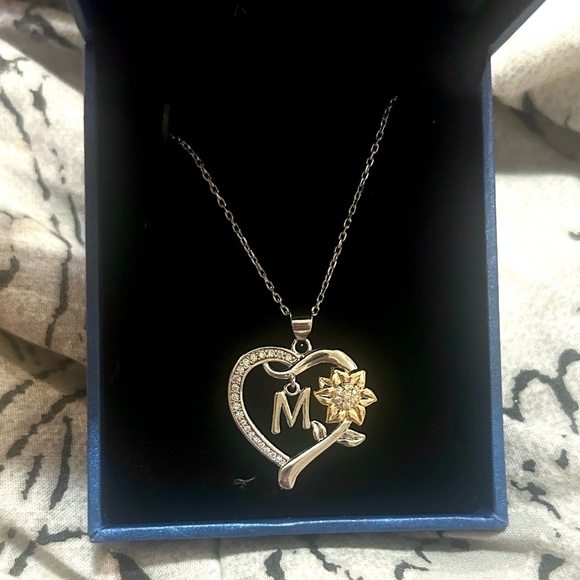 AmorAime Jewelry - Silver Heart Pendant Necklace  Gold Flower Accent and M initial
